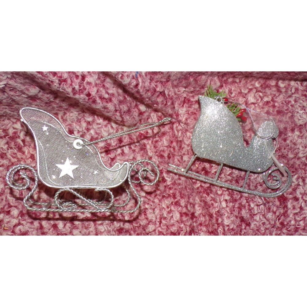 lot of 2 silver tone metal sleigh ornaments tabletop & tree
